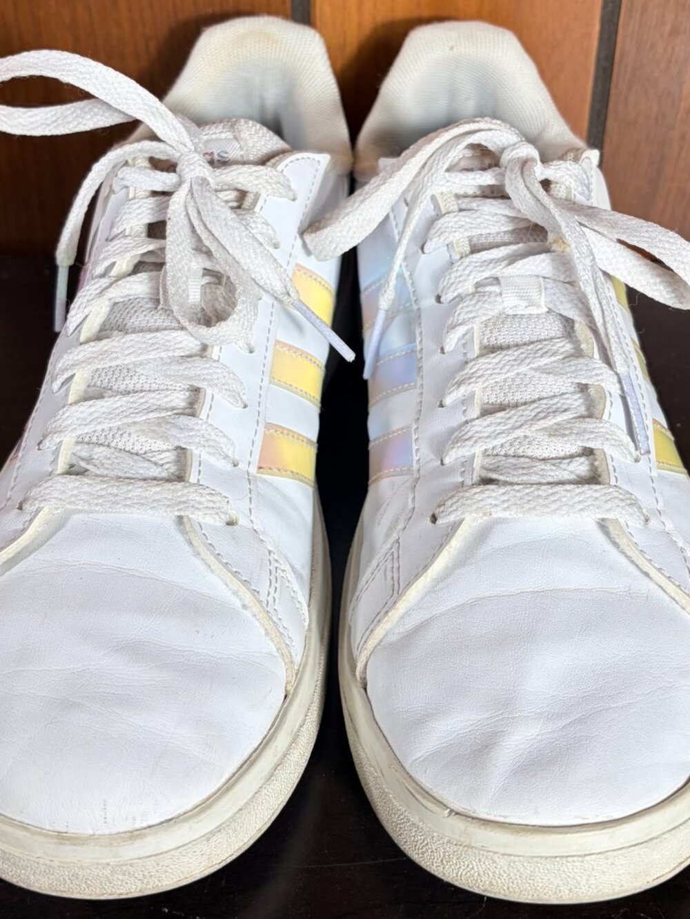 Adidas Grand Court 2.0 White w/ Iridescent Pink Stripes Womens Sz 8.5 Mens 6.5 - Picture 5 of 9